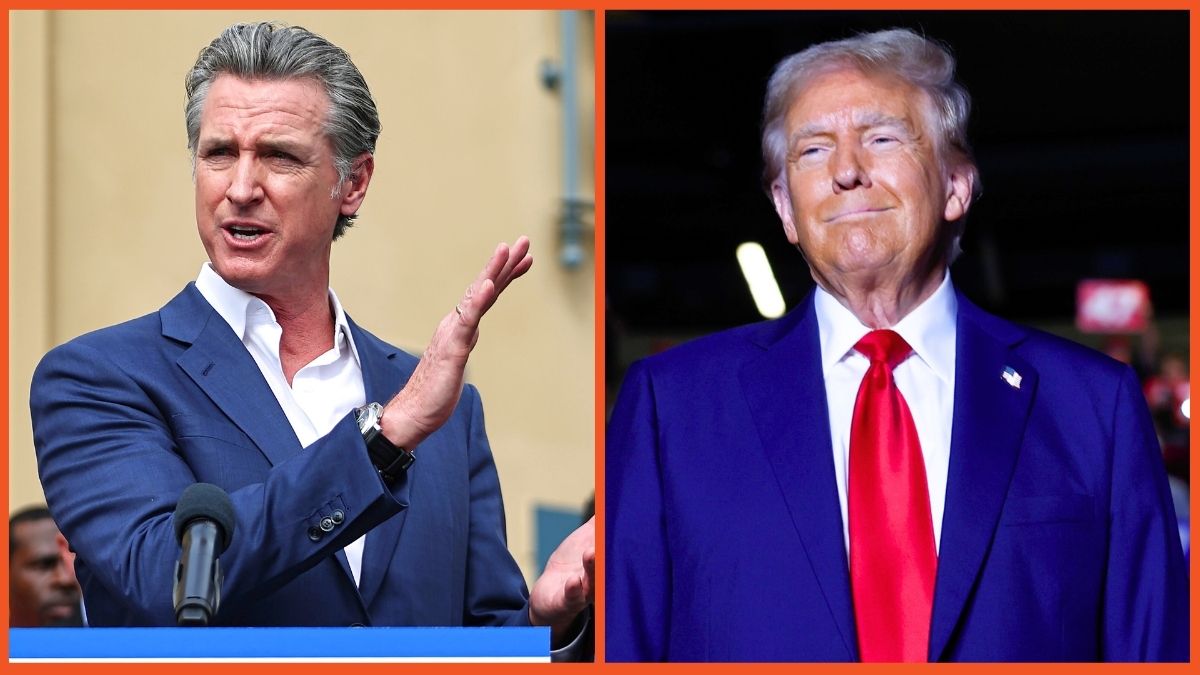 Gavin Newsom speaks during a press conference at Raleigh Studios and Donald Trump delivers remarks at a campaign rally at McCamish Pavilion