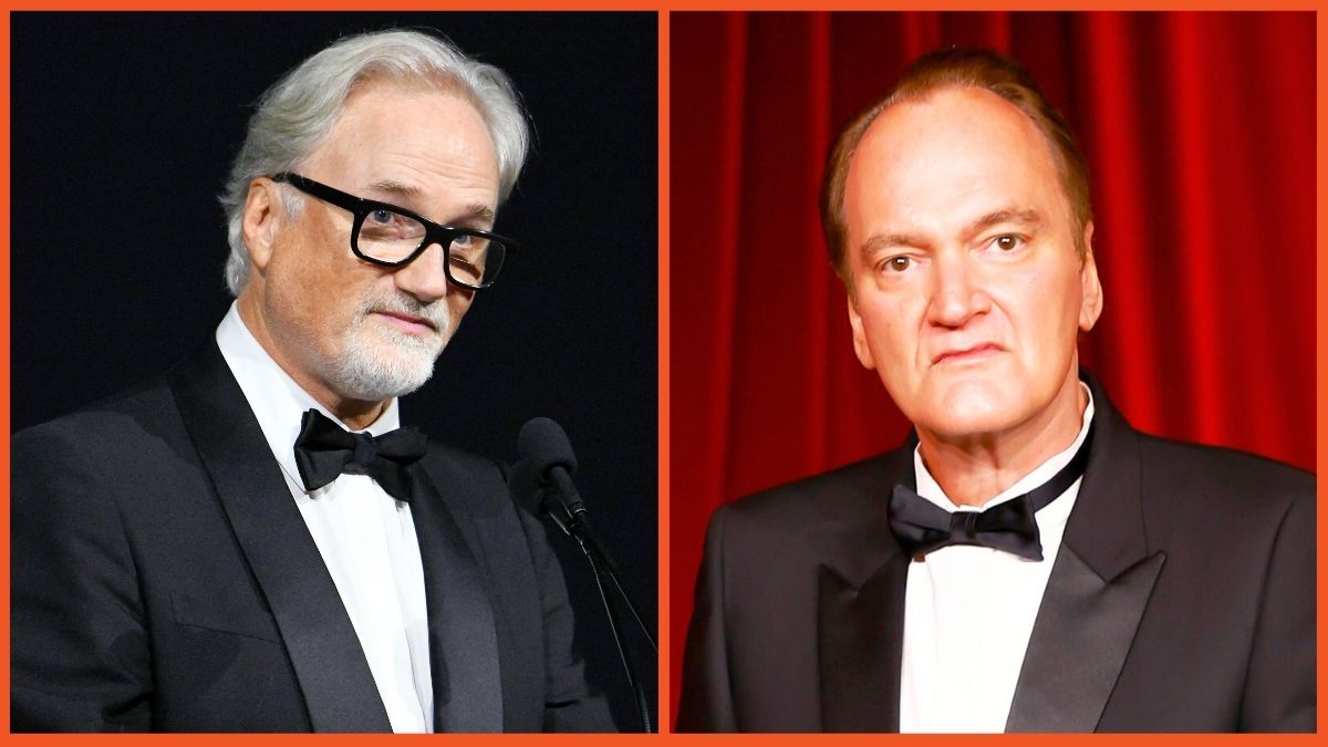 David Fincher speaks on stage and Quentin Tarantino attends The Fourth Annual Academy Museum Gala