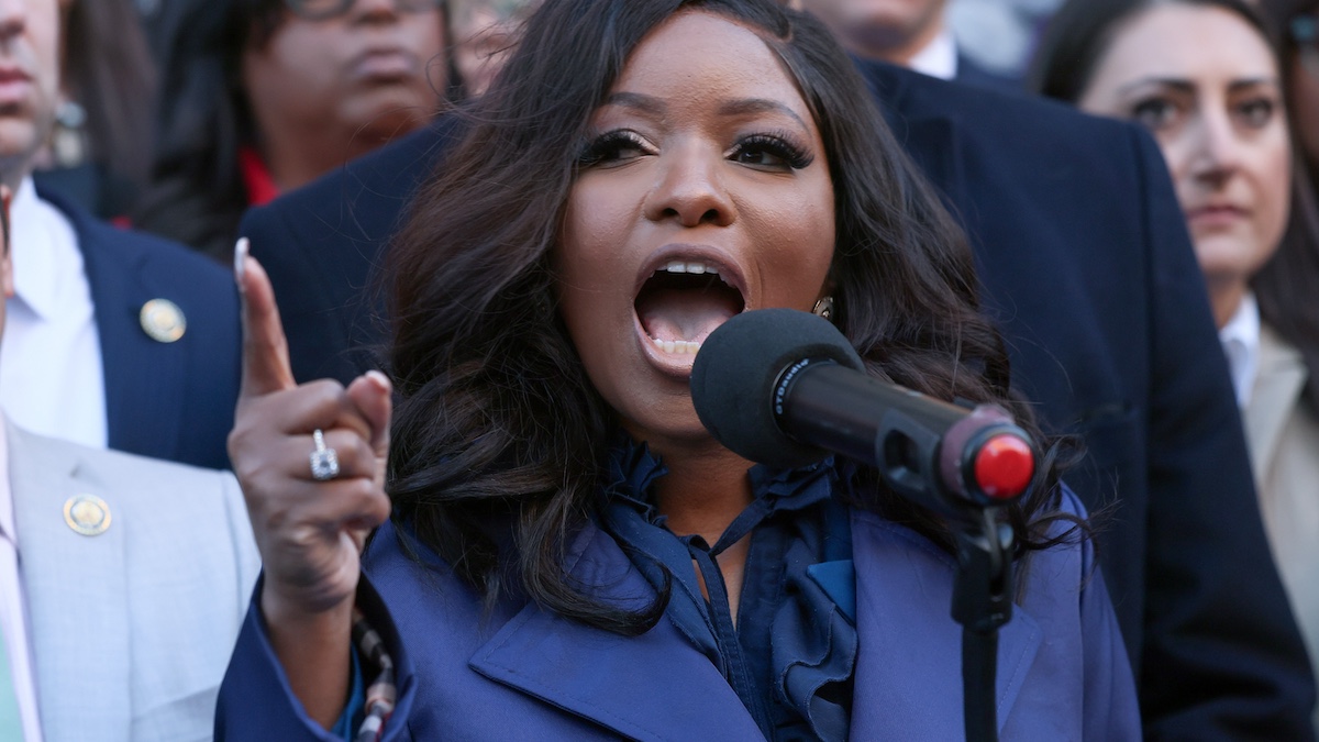 WASHINGTON, DC - FEBRUARY 04: U.S. Rep. Jasmine Crockett (D-TX) speaks during the We Choose To Fight: Nobody Elected Elon rally at the U.S. Department Of The Treasury on February 04, 2025 in Washington, DC.